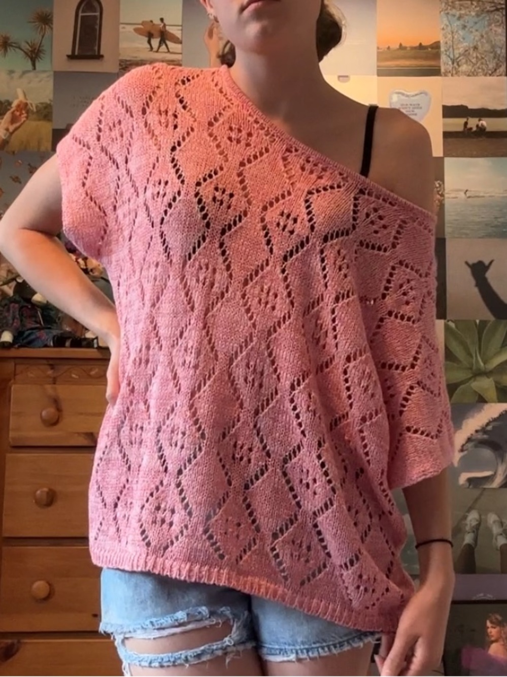 Pink Lightweight Open-Knit Women's Sweater Top